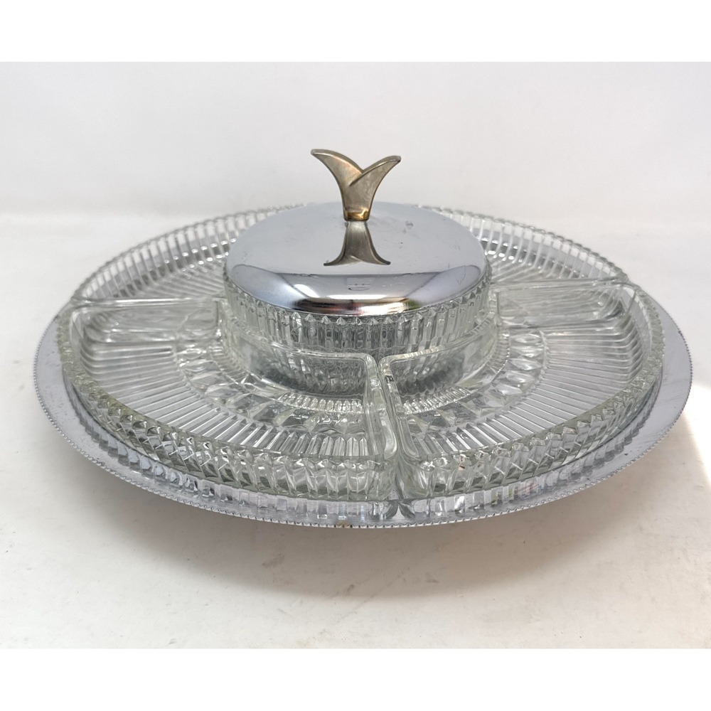 Kromex Lazy Susan Chrome Glass Divided Serving Relish Tray w/ Lid MCM Atomic 13"